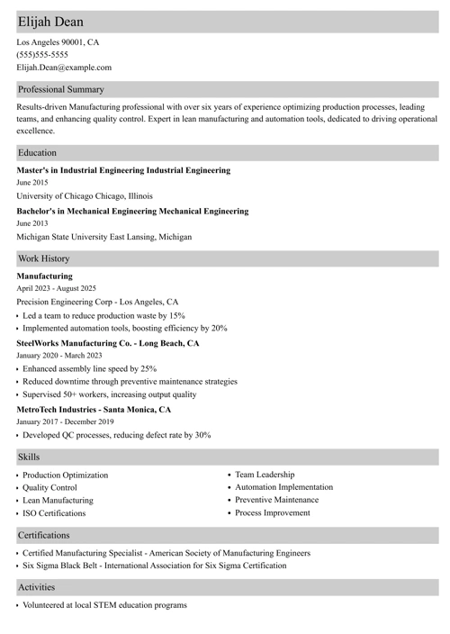 manufacturing resume example