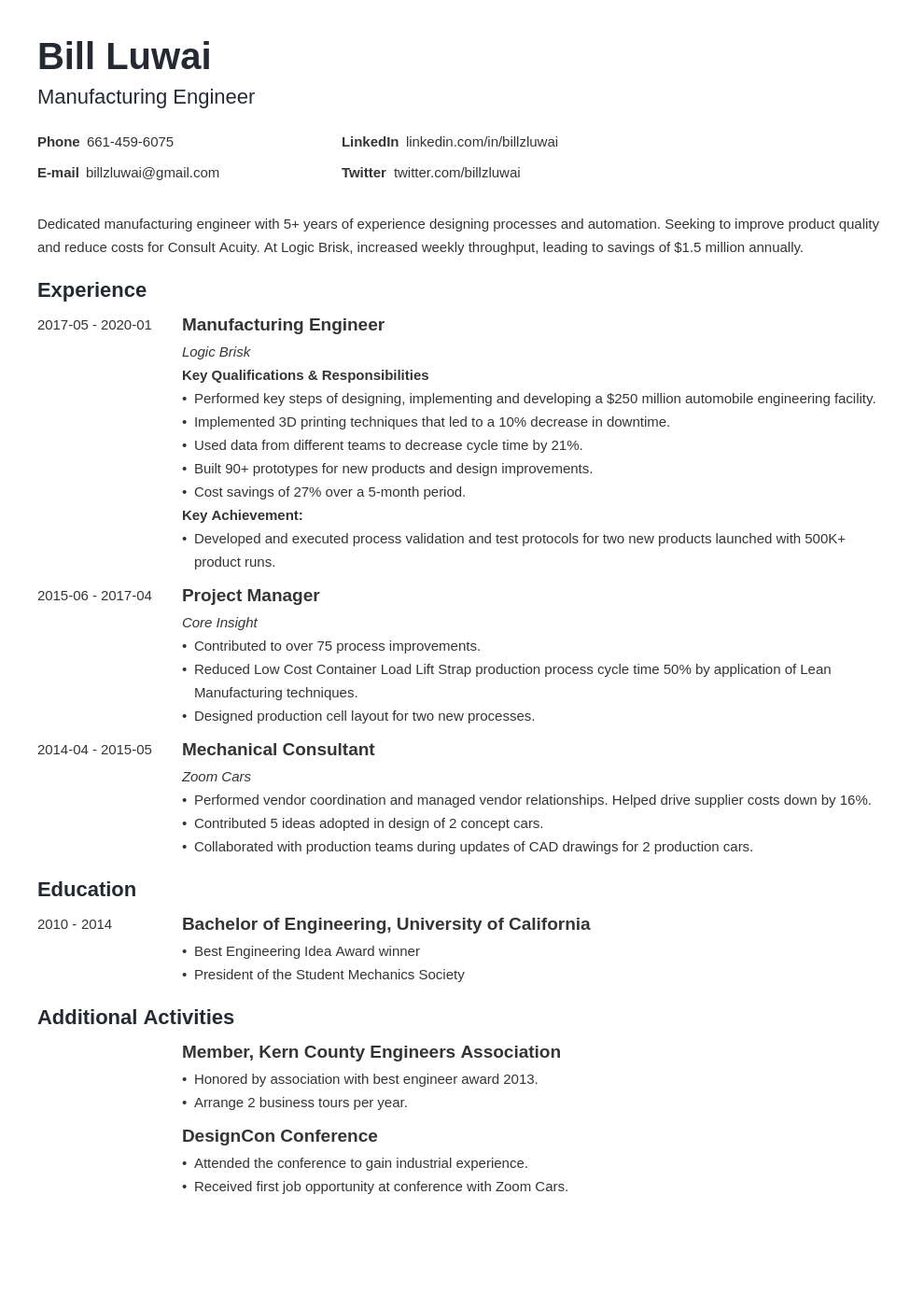 manufacturing engineer resume example template minimo