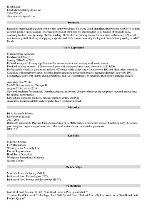 manufacturing resume example