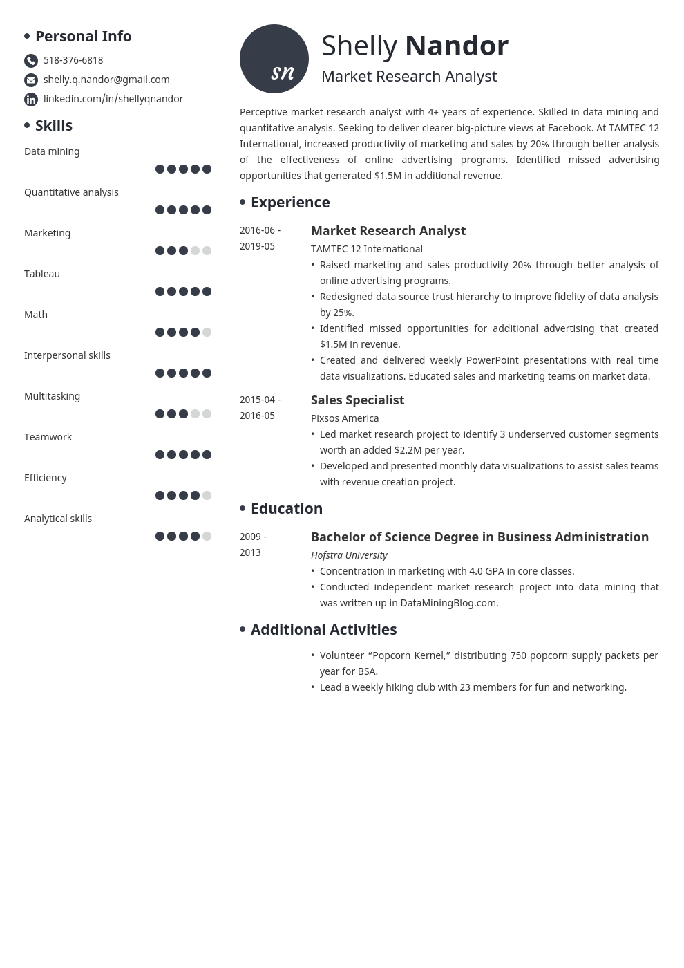 market research resume example template initials