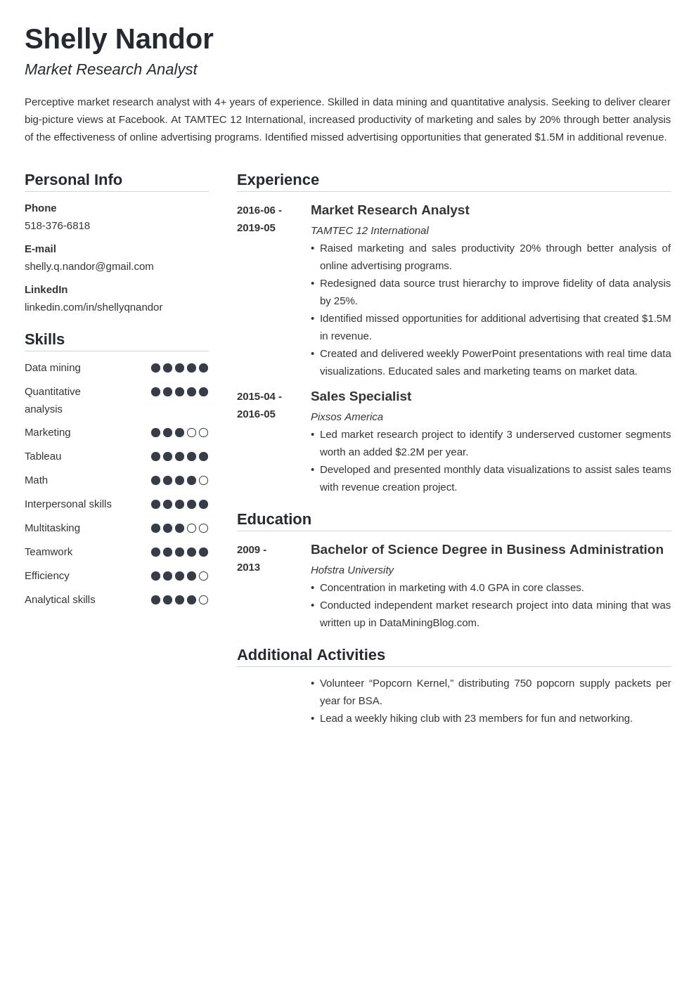 market research resume example template simple