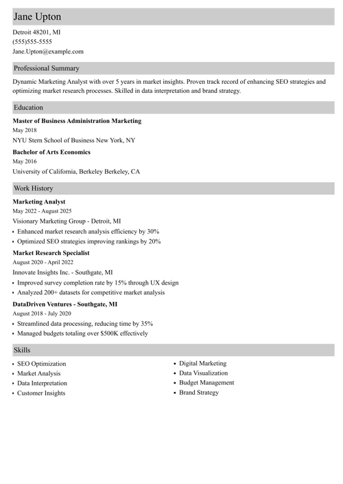 marketing analyst resume example