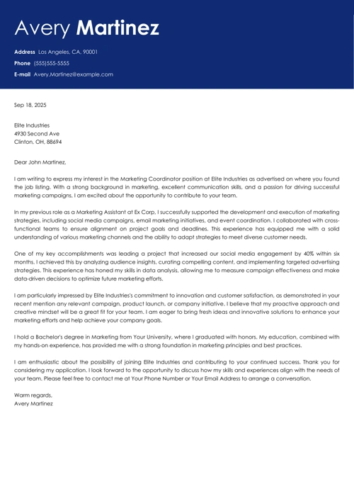 Marketing Coordinator Cover Letter Sample & Writing Guide