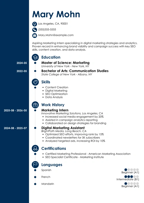 marketing intern resume example