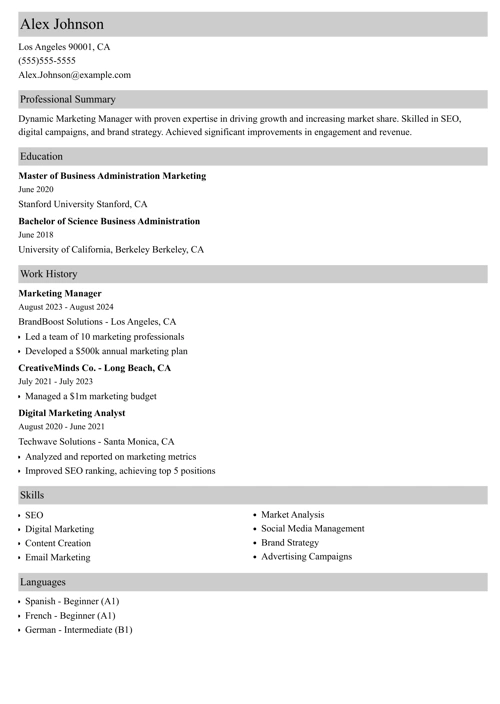 Marketing Manager Resume Example