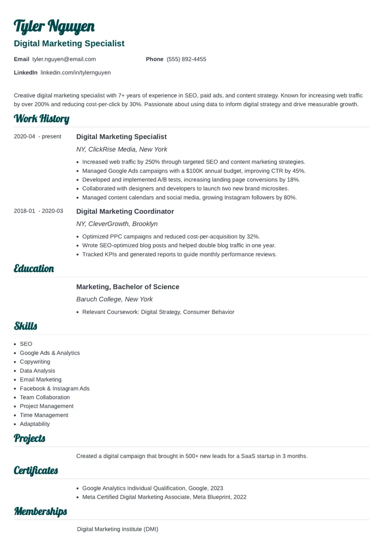 Digital Marketing resume example by zety