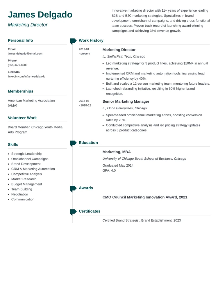 Marketing Director resume example by zety