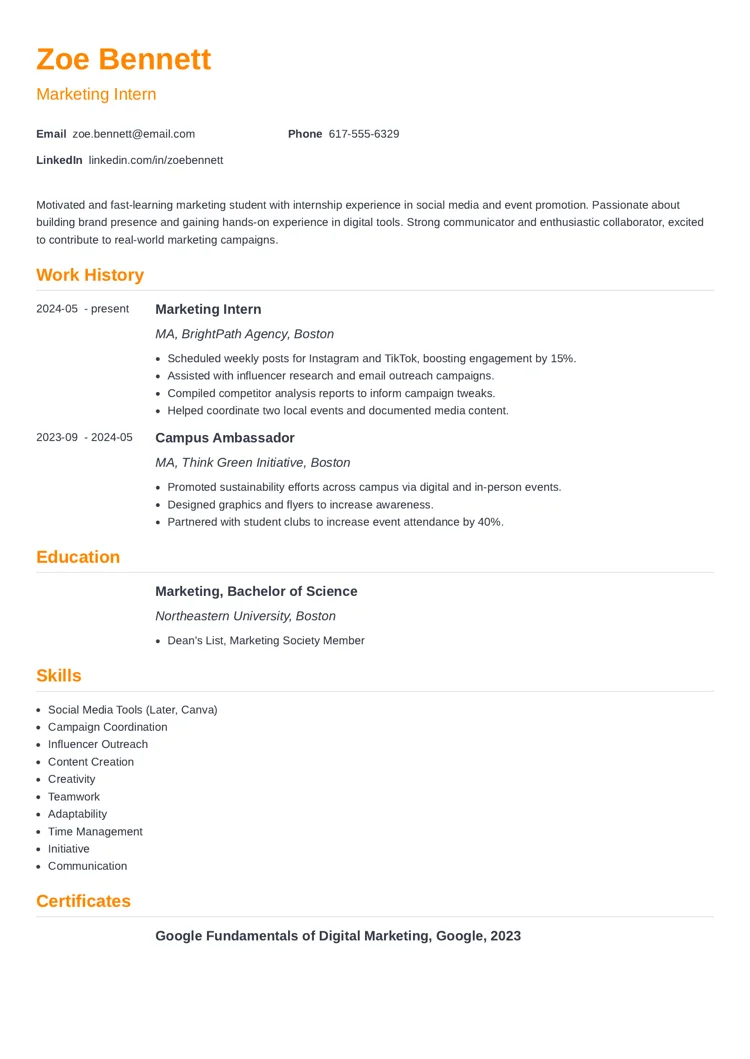 Marketing Intern resume example by zety