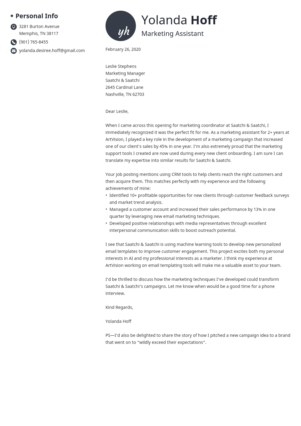 sample cover letter for marketing specialist position