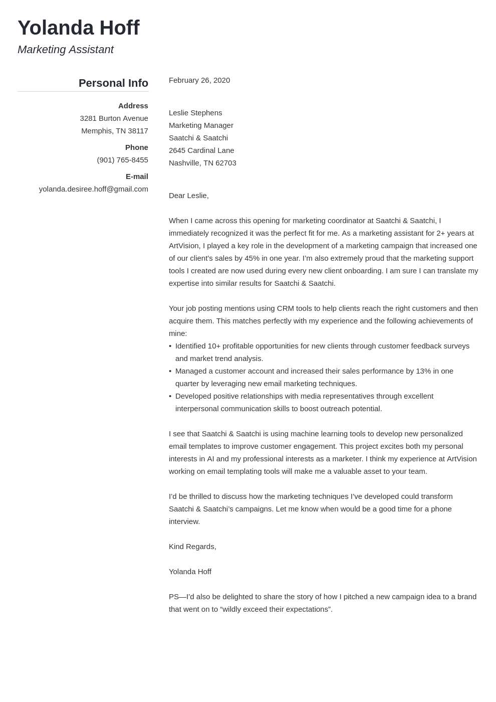 sales and marketing coordinator cover letter