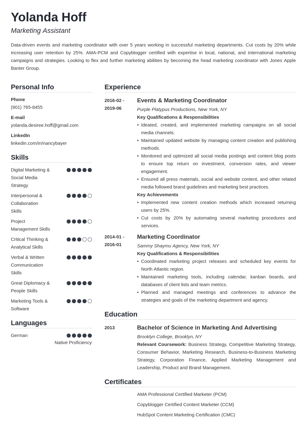 marketing coordinator resume example template simple