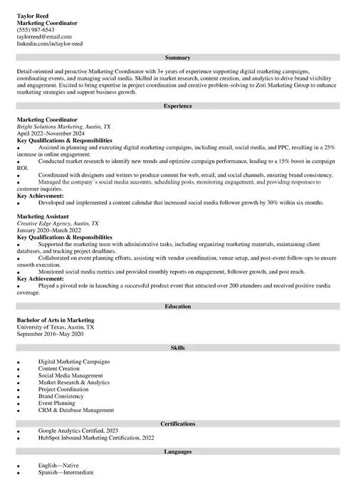 Marketing Coordinator Resume Sample