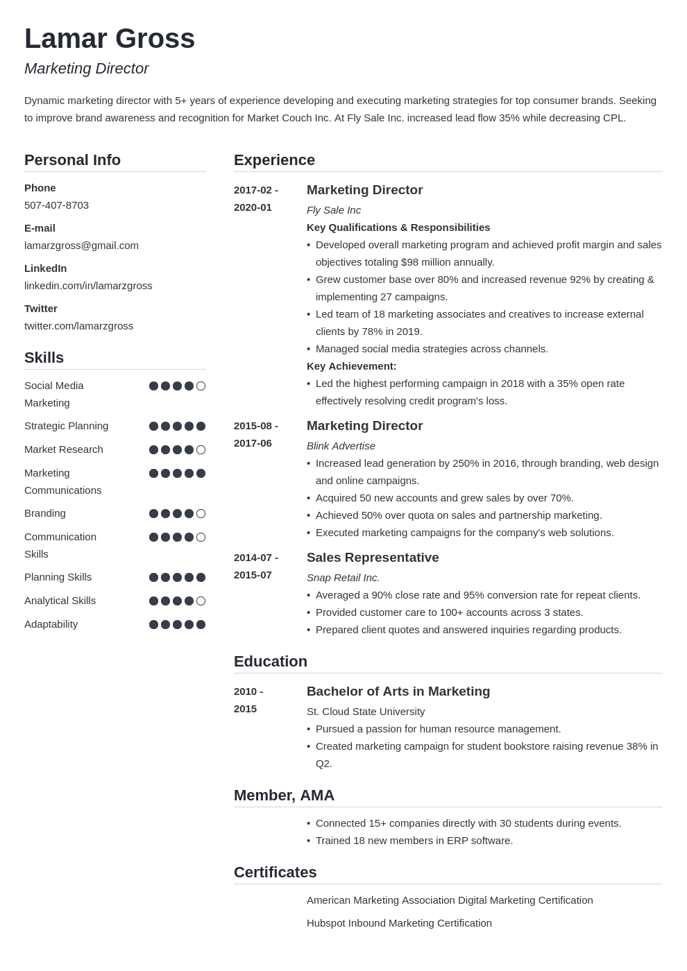 marketing director resume example template simple