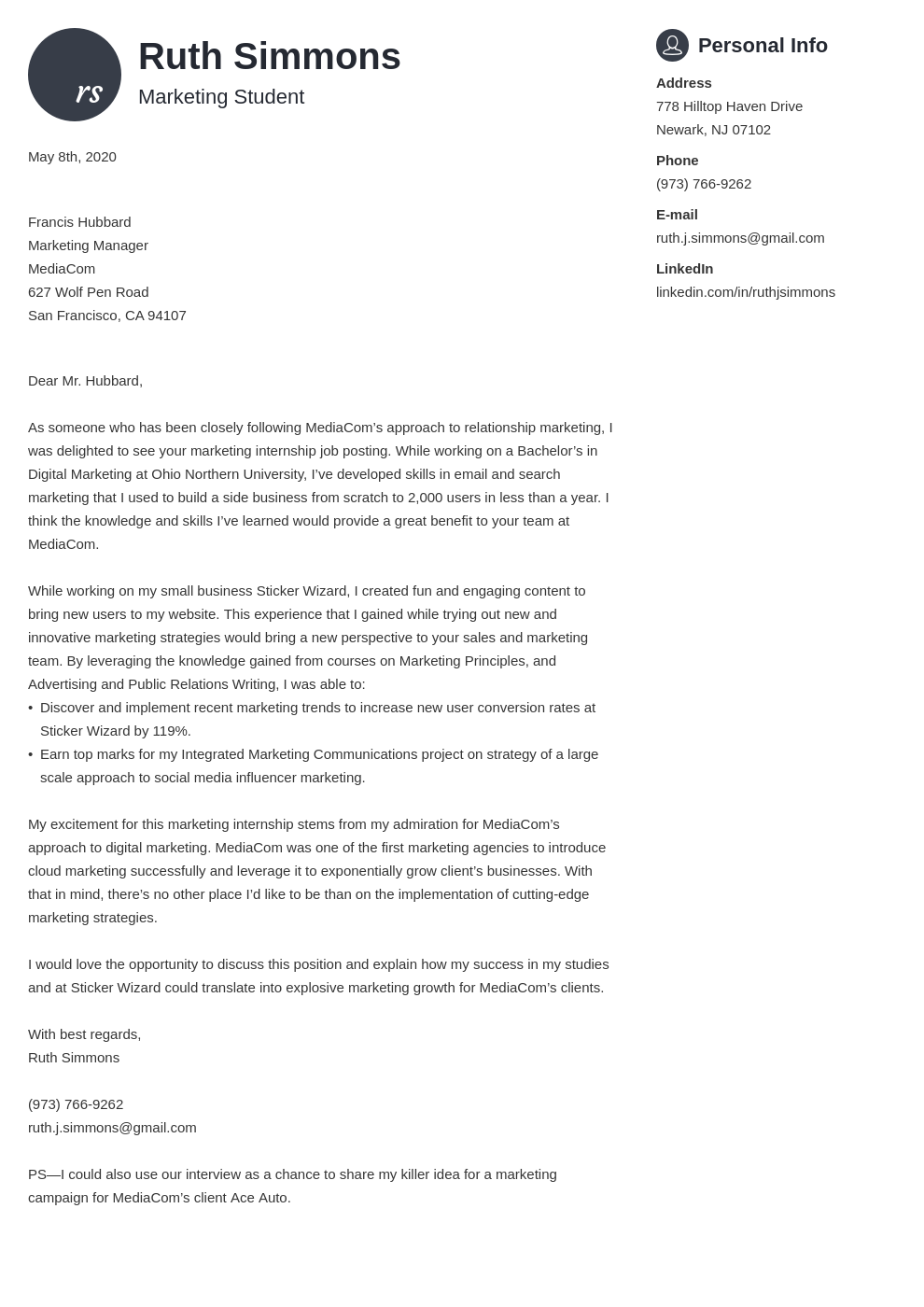 Digital Marketing Internship Cover Letter Example