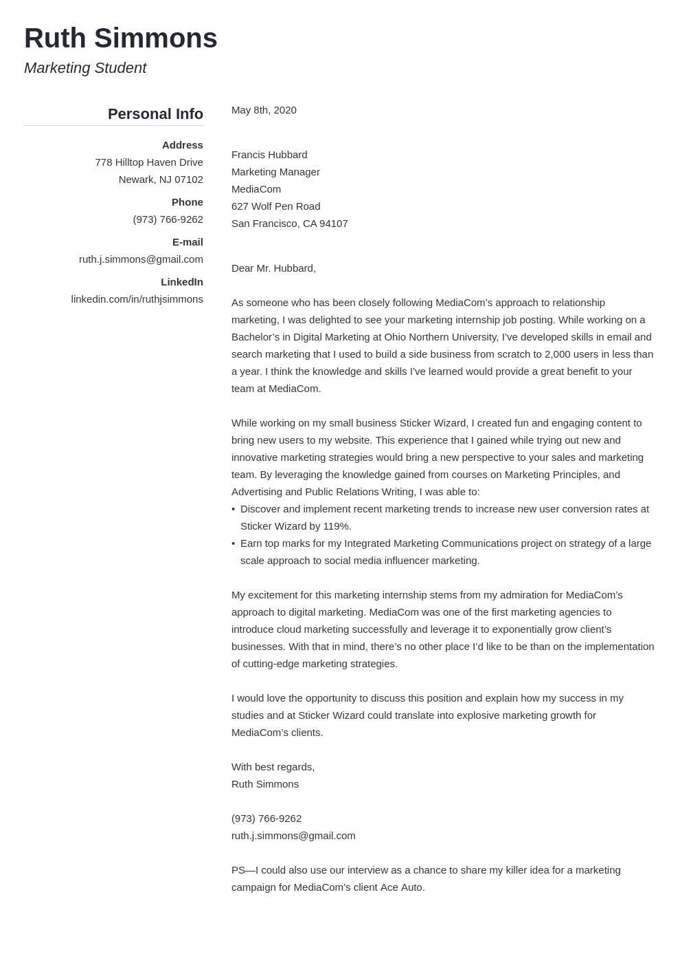 Marketing Intern Cover Letter Writing Guide Examples