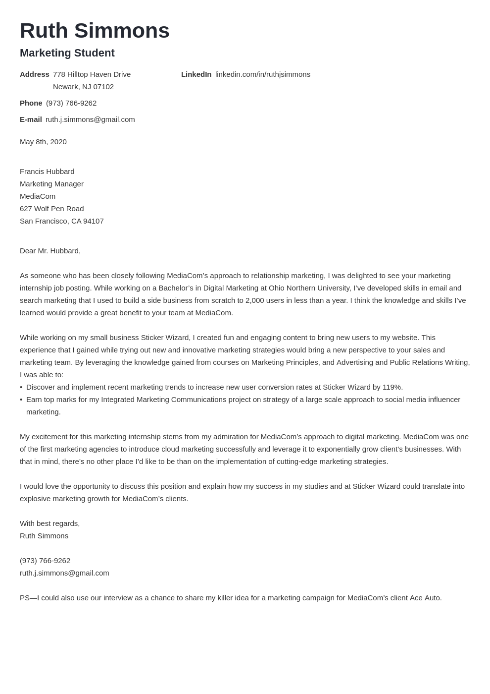 marketing communications intern cover letter