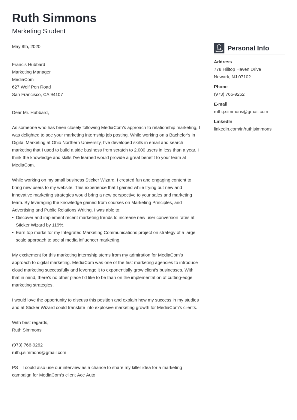 cover letter example for marketing internship