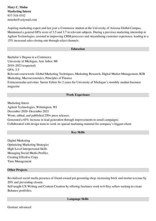 marketing intern resume example
