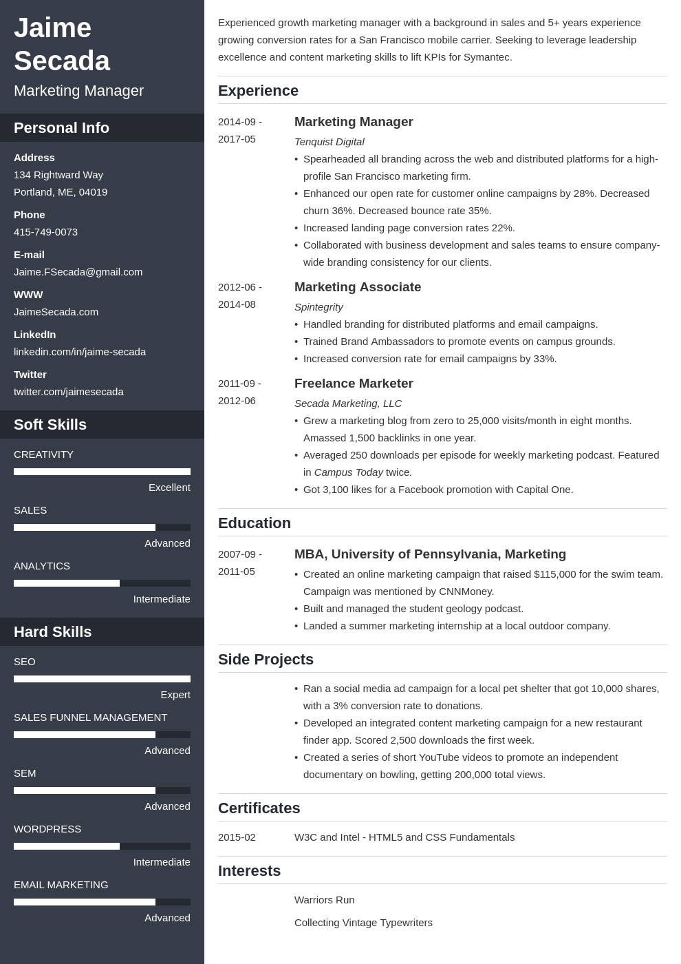marketing manager resume example template cascade