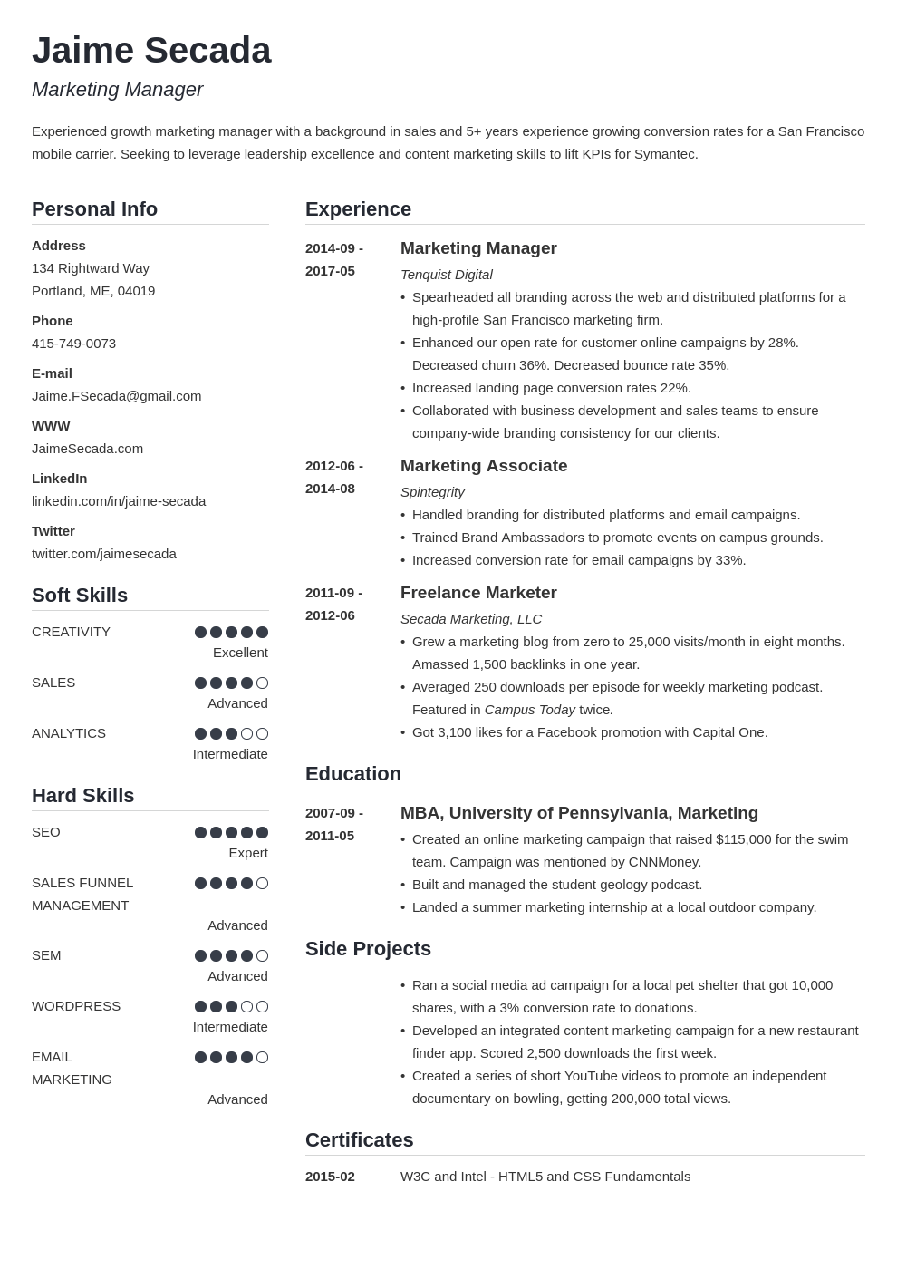 marketing manager resume example template simple