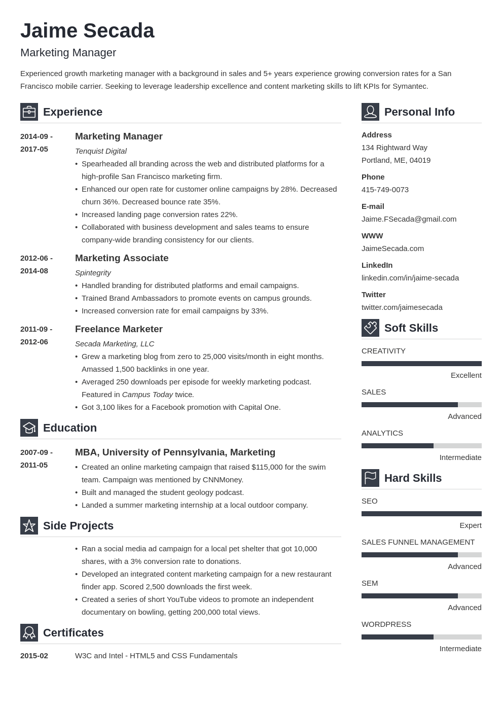 Marketing Manager Resume Examples (Template & Guide)