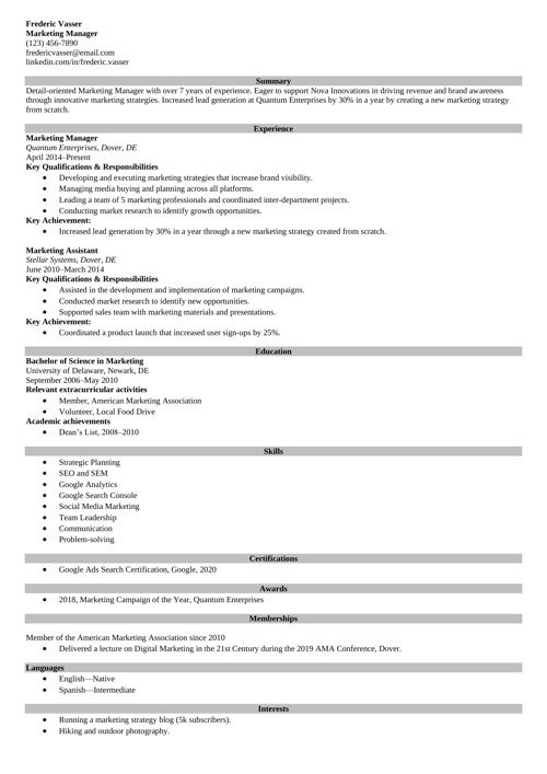 Marketing manager resume example