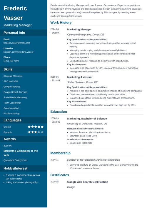 Marketing manager resume example