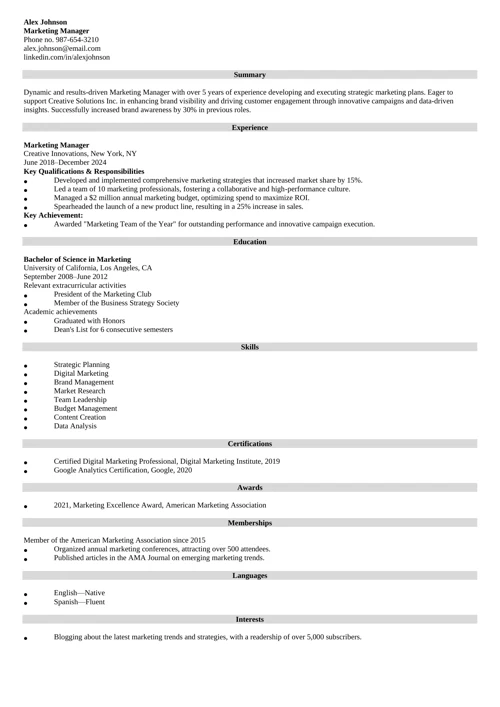 Marketing Manager Resume Example