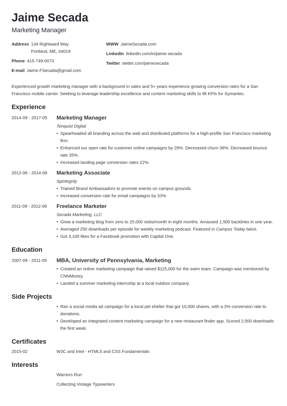 marketing resume template minimo