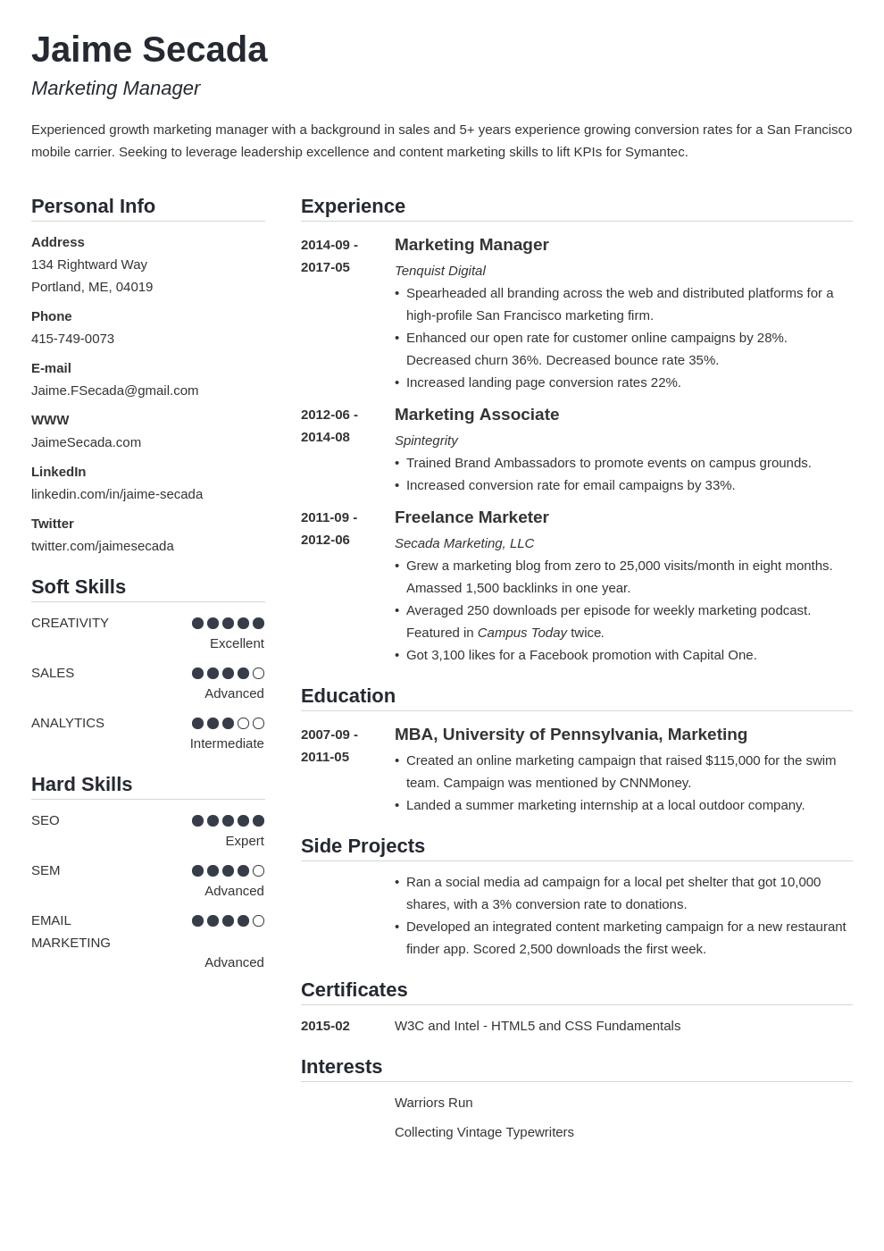marketing resume template simple