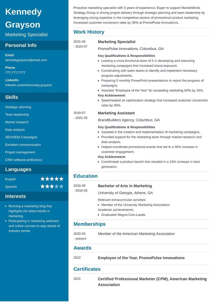 Cascade resume template for marketing professionals