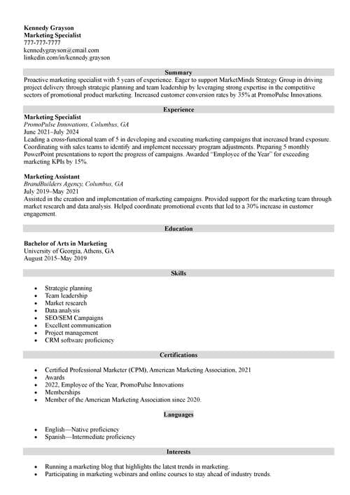 marketing resume example