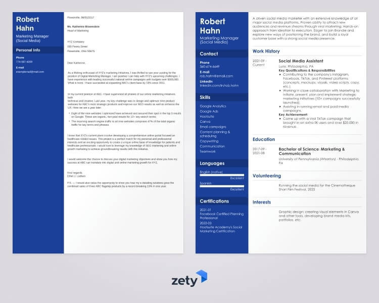 A matching set of professional employment documents, including a resume and cover letter, developed with the Zety resume maker utilizing the Modern resume template, which has a two-column layout and decorative rectangles in the top and bottom areas. 