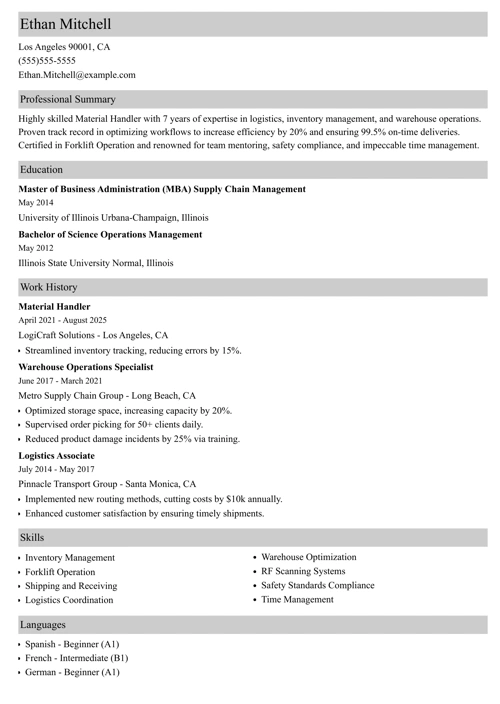 Material Handler Resume Sample
