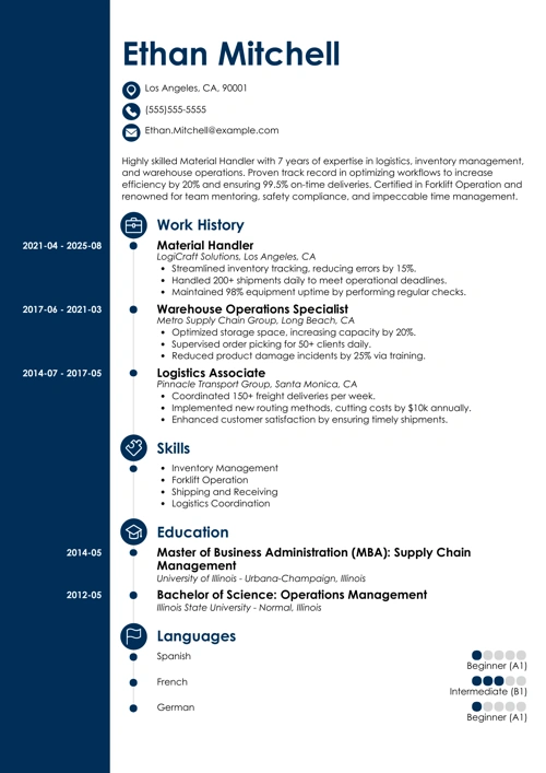 Material Handler Resume Sample