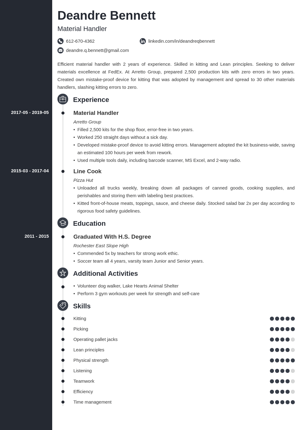 material handler resume example template concept