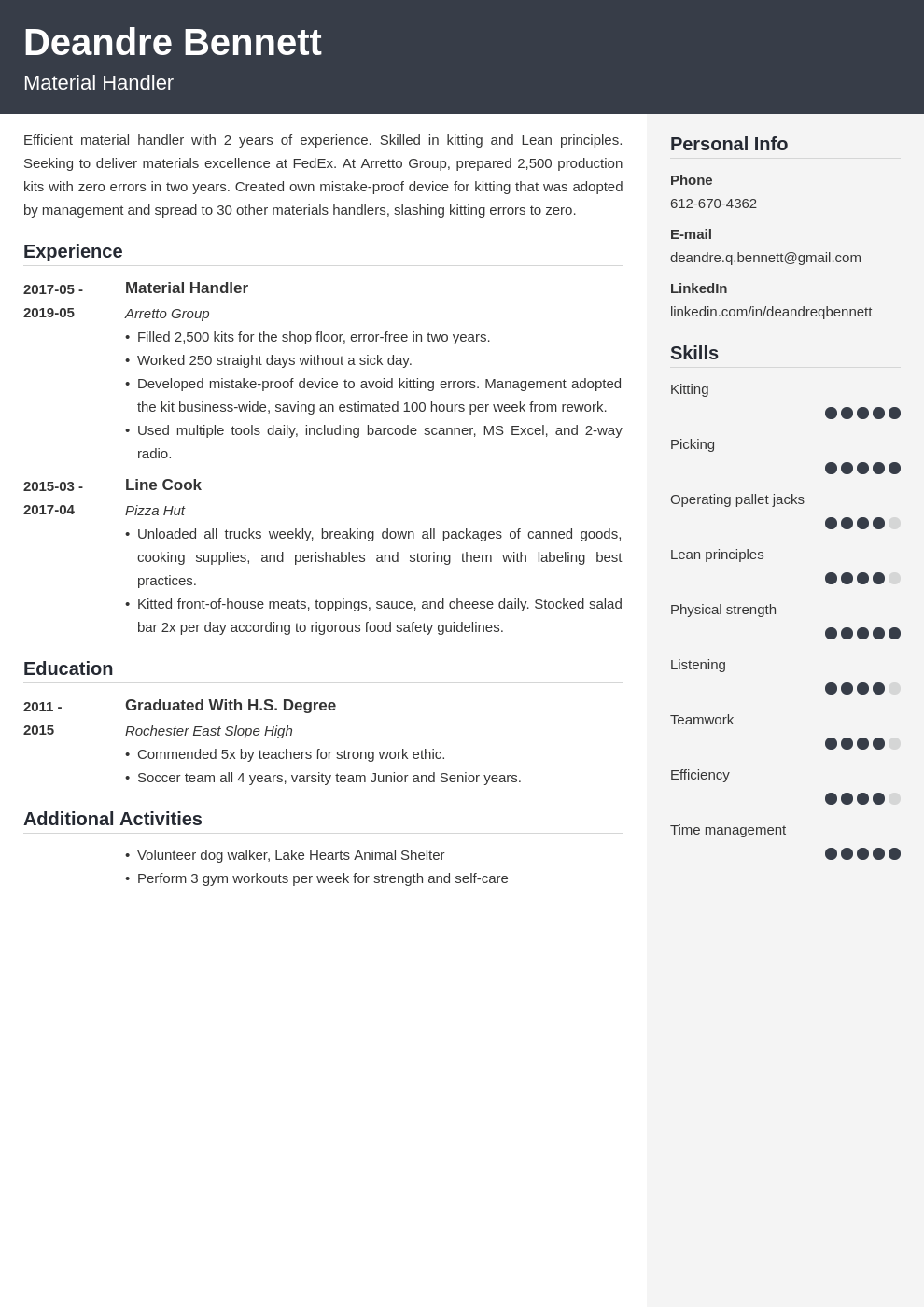 material handler resume example template cubic