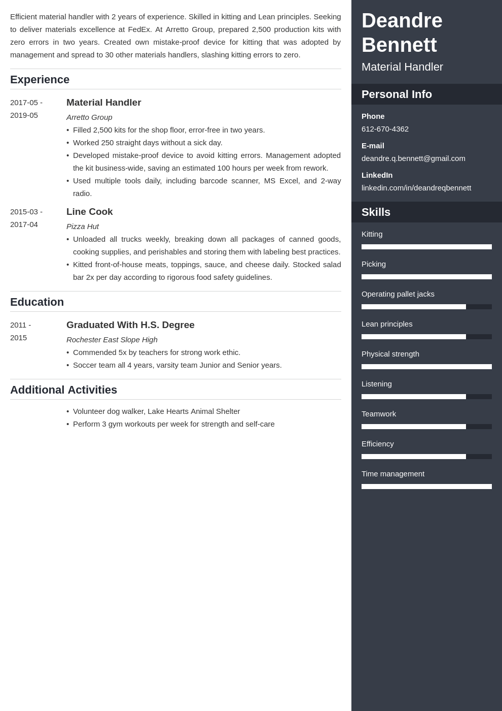 material handler resume example template enfold