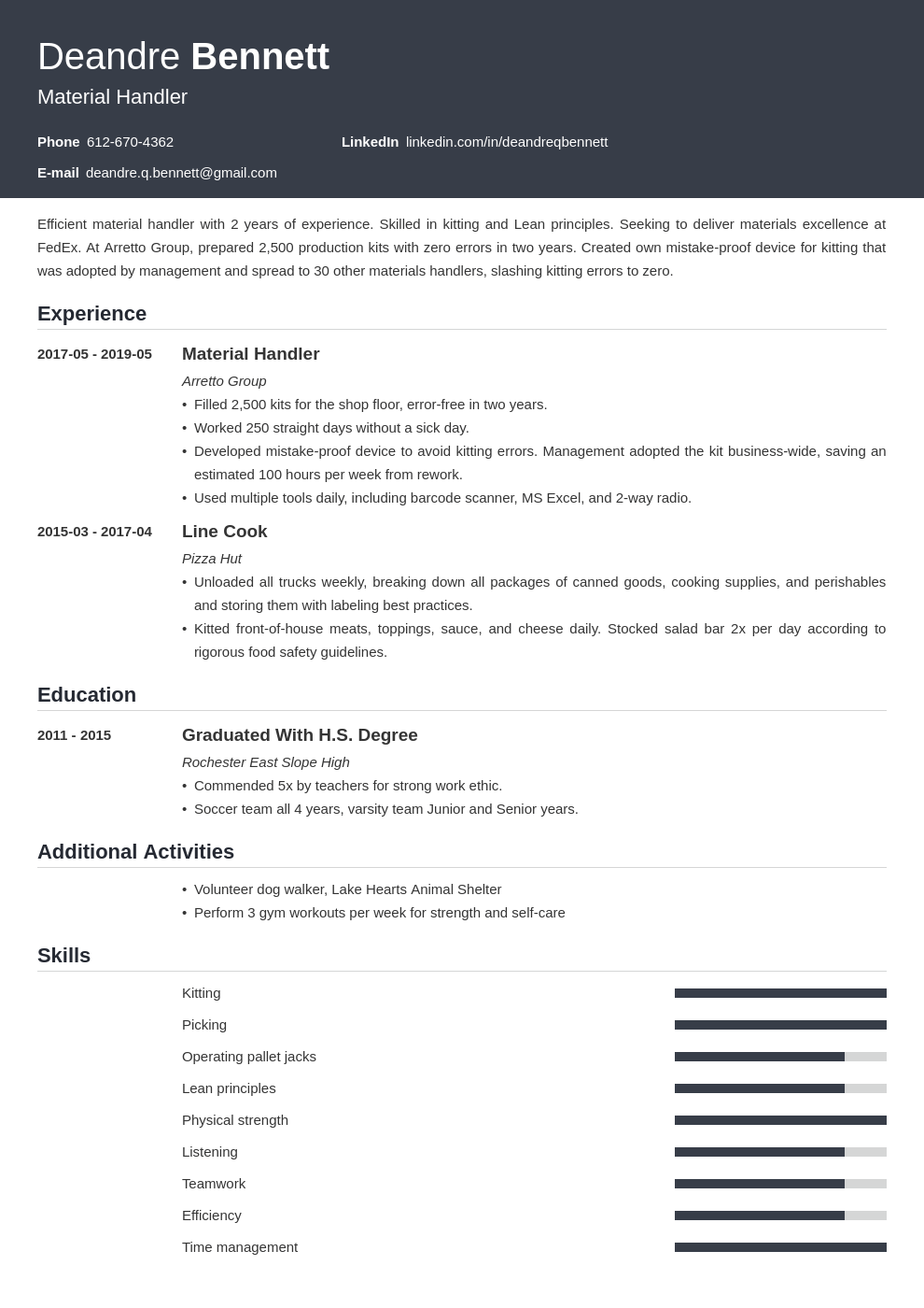 Material Handler Resume Sample and Job Description