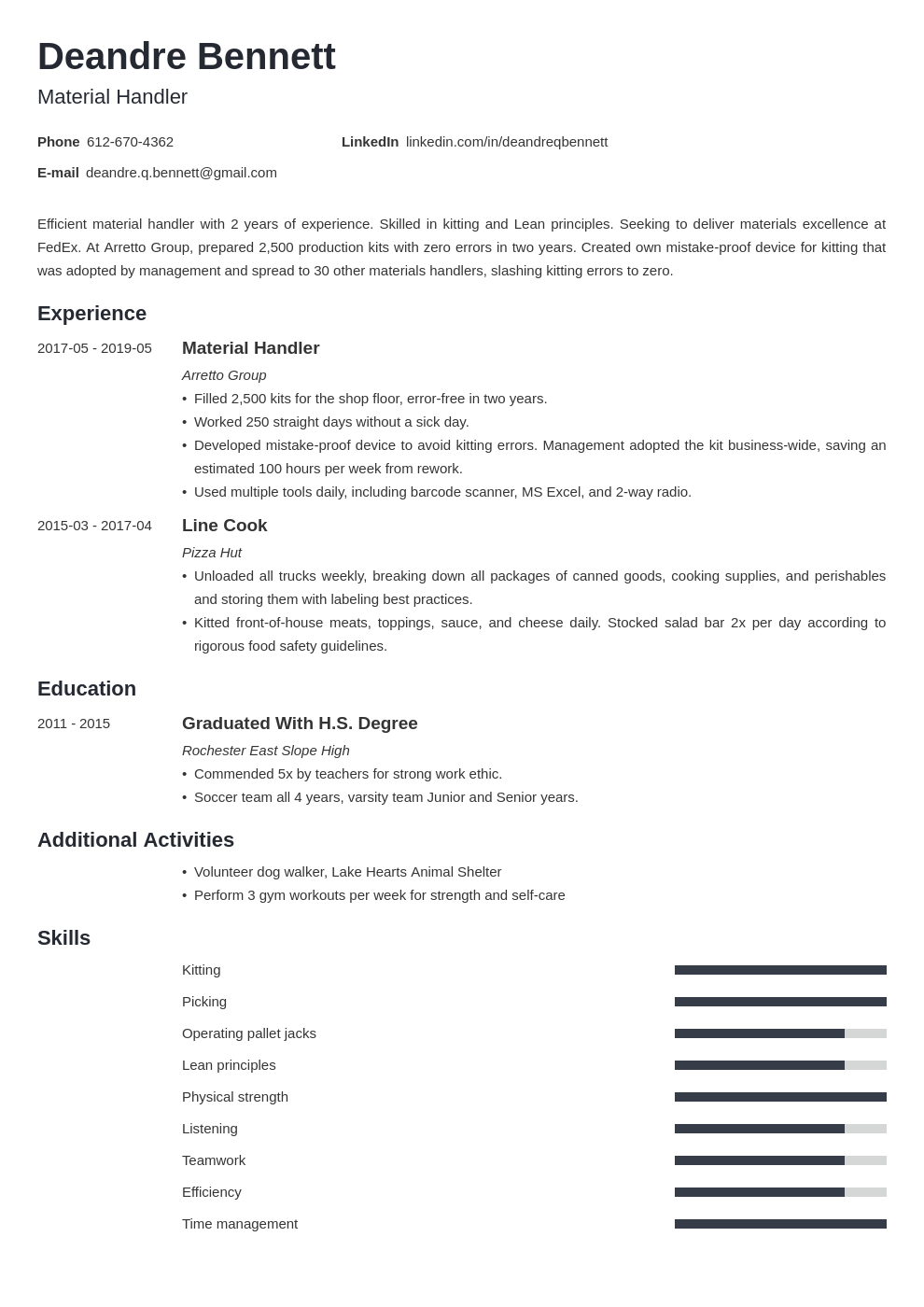 material handler resume example template minimo