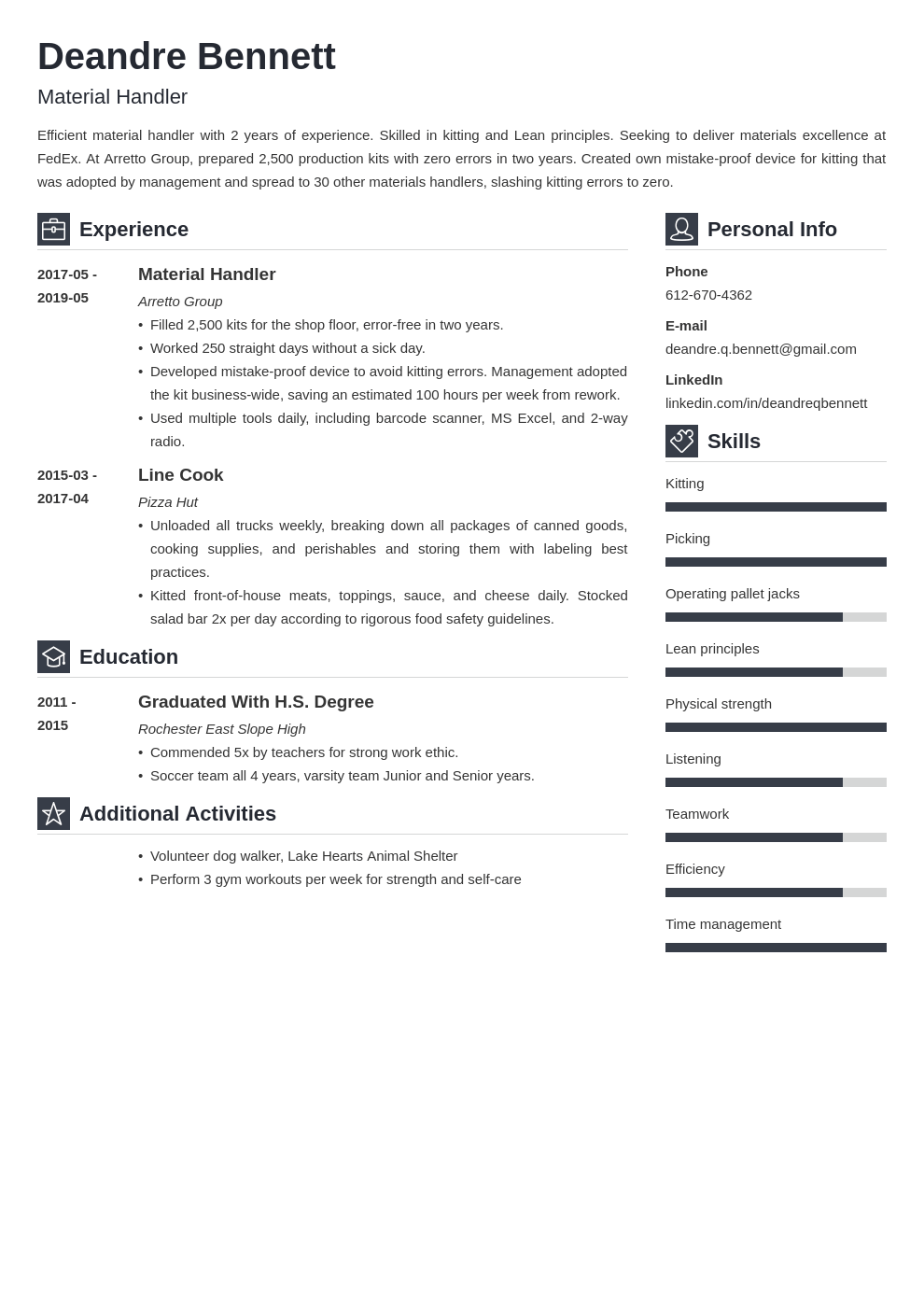 material handler resume example template vibes