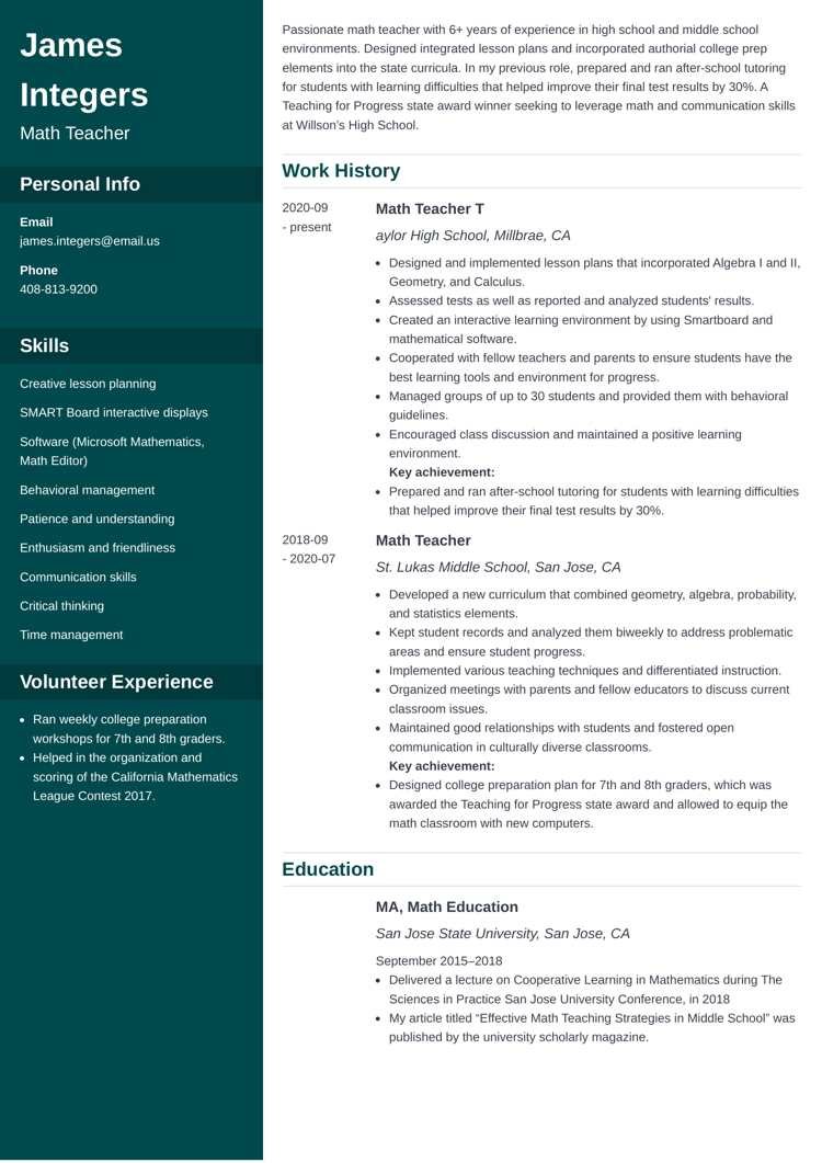 Math teacher resume example on Cascade template by Zety