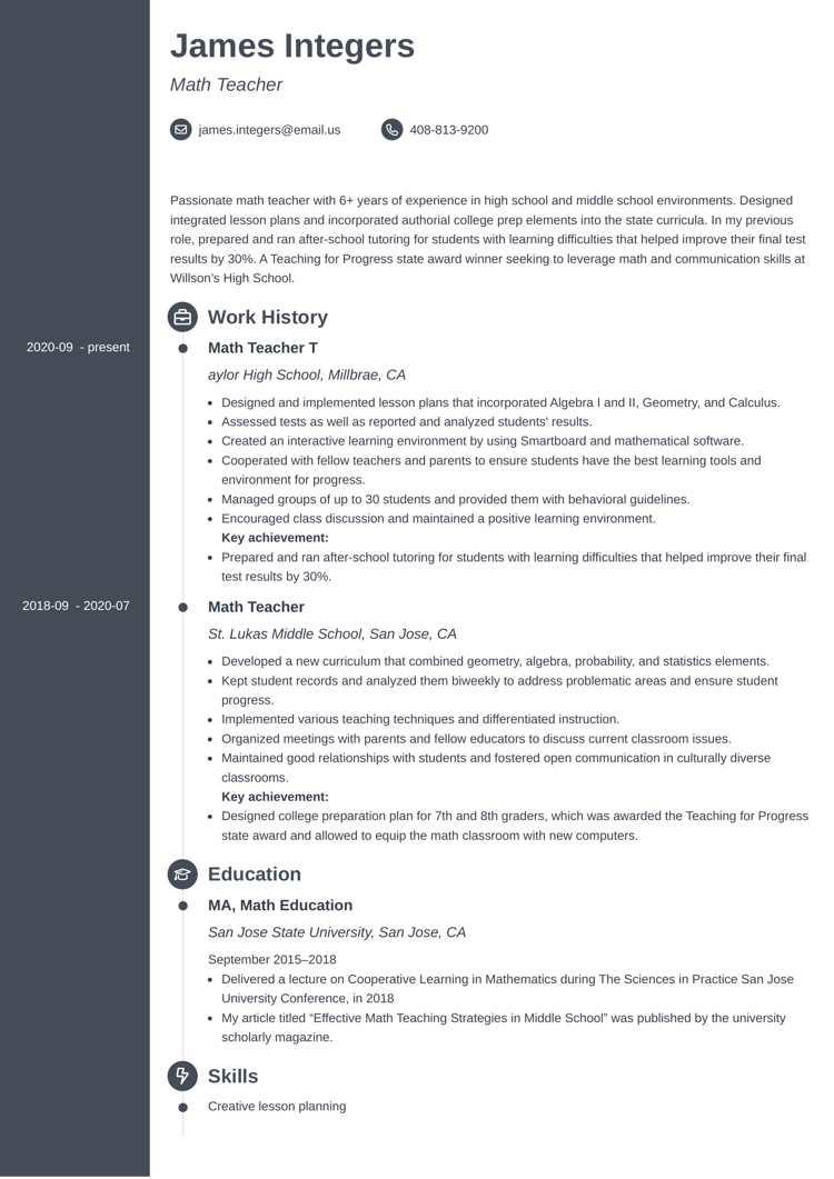 Math teacher resume example on Concept template by Zety