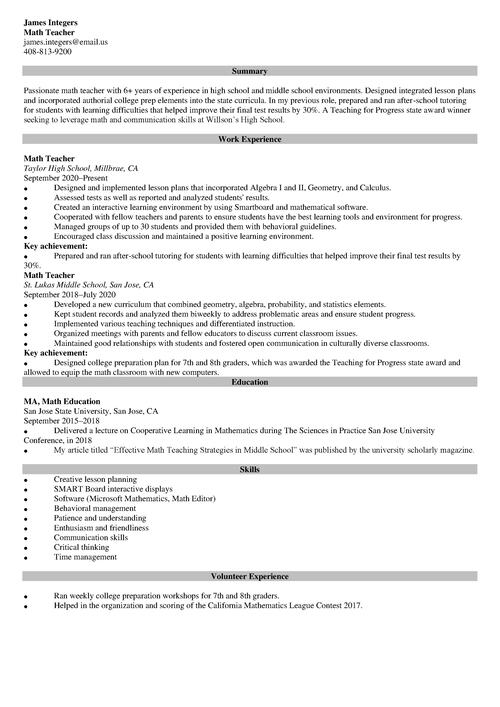 Math Teacher Resume Example