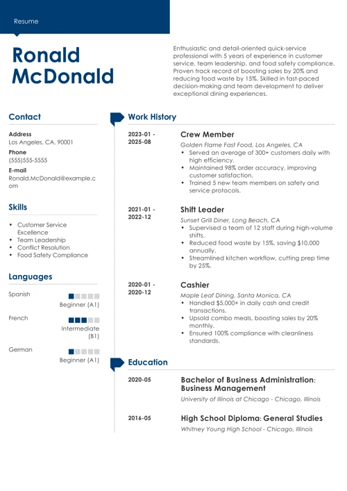 McDonald's resume example
