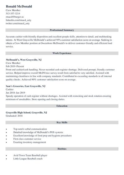 McDonald s Resume Sample And Writing Guide 20 Examples 