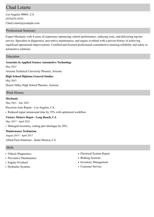 Mechanic resume example