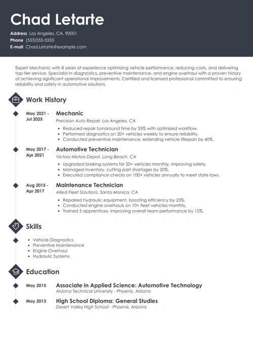 Mechanic resume example