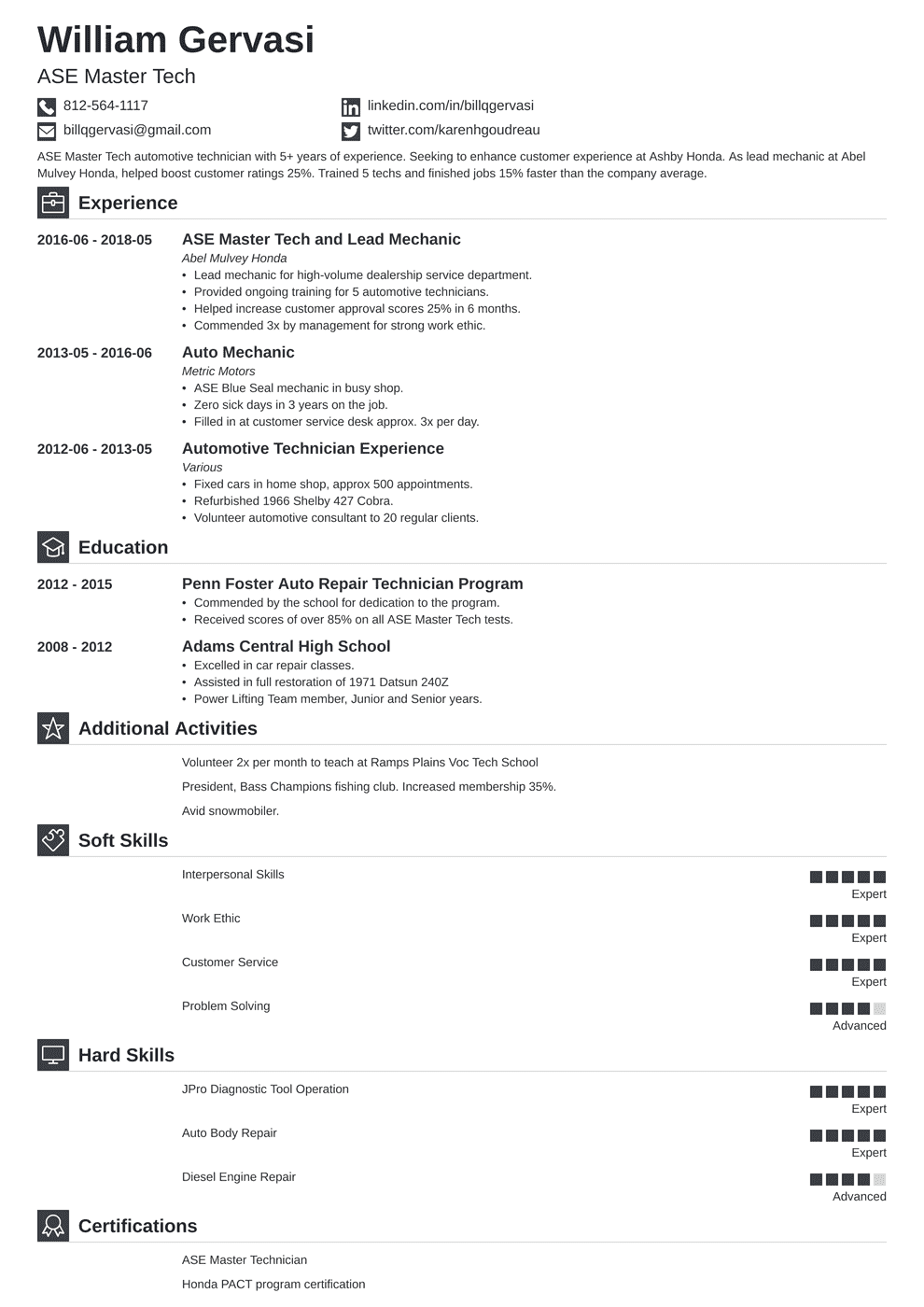 Mechanic Resume Sample Complete Writing Guide 20 Examples