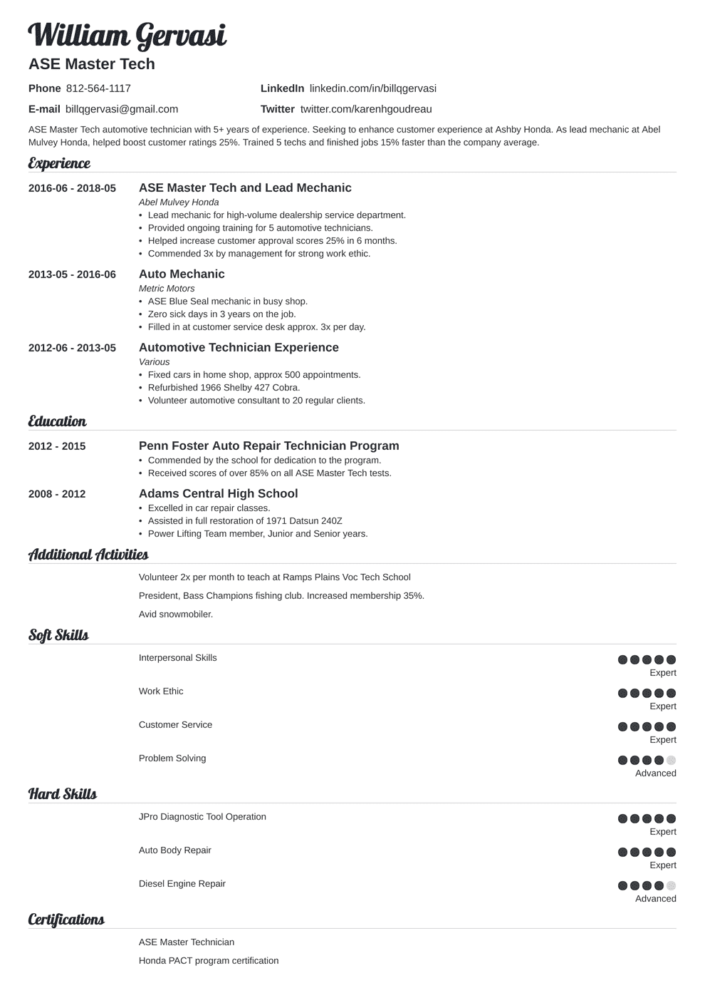 Auto Mechanic (Automotive Technician) Resume Examples